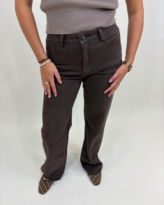 Tall jeans met strass bruin | Queen Hearts